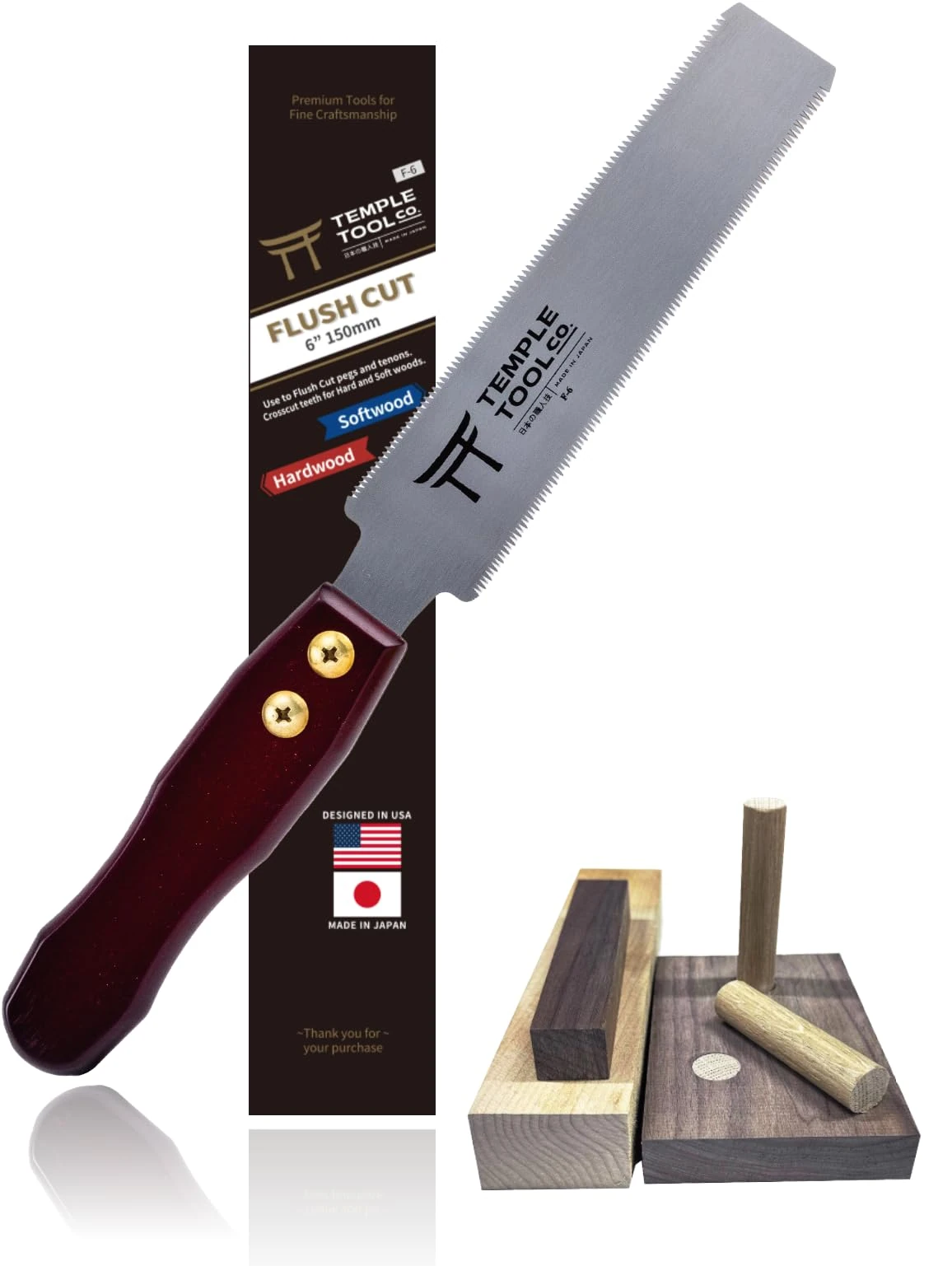 Japanese Flush Cut Saw - 6 Inch Double Edge Pull Saw for Flush Cutting Dowels, Pegs, Wedges - Hardwood Softwood Hand Saw - Small Wood Saw - Temple Tool Co.