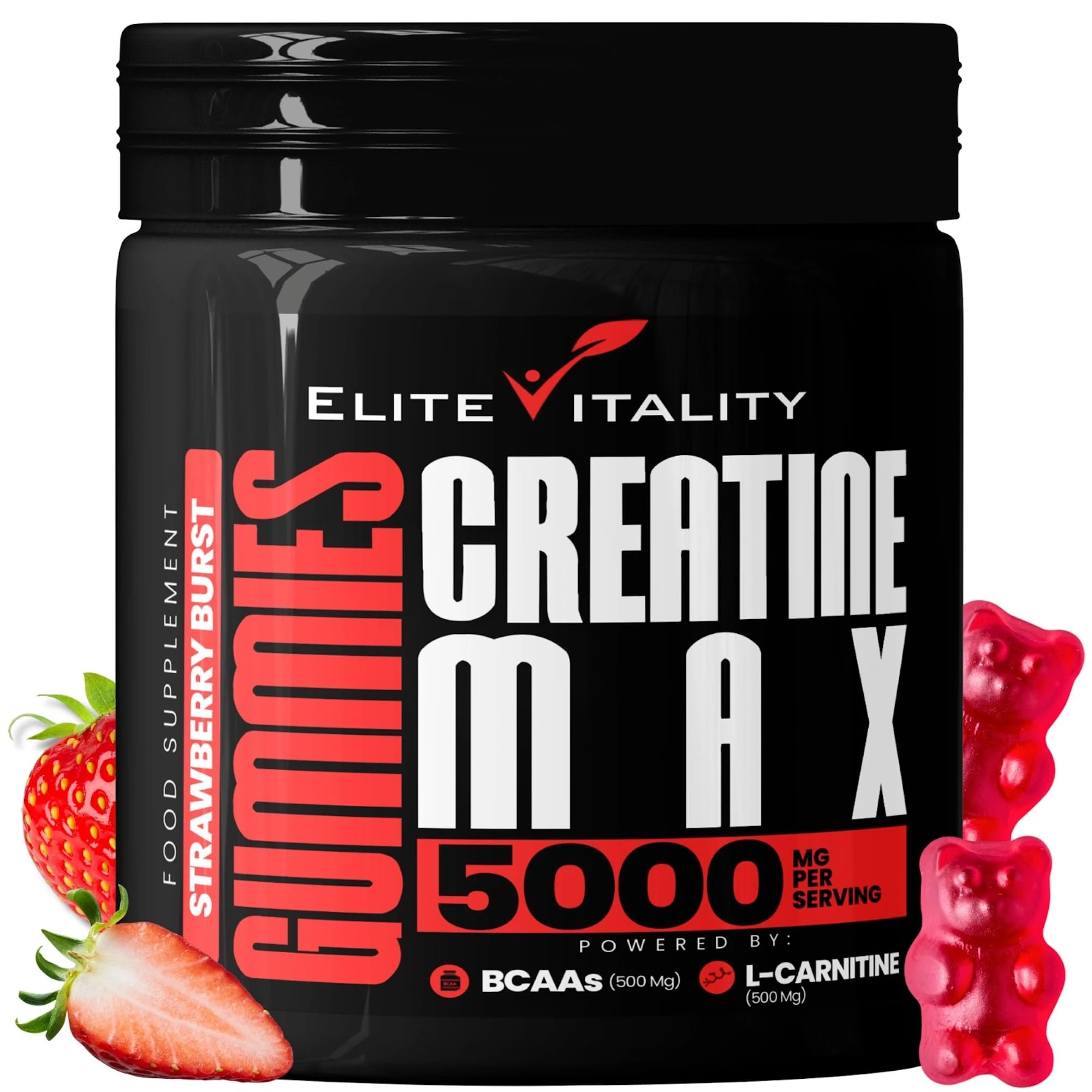 Creatine Monohydrate 90 Gummies 5000mg + BCAAs & L-Carnitine – 3rd Party Lab Tested, Vegan, Sugar-Free, Pre Workout Muscle Growth & Recovery Gym Supplement for Men & Women – Strawberry Burst