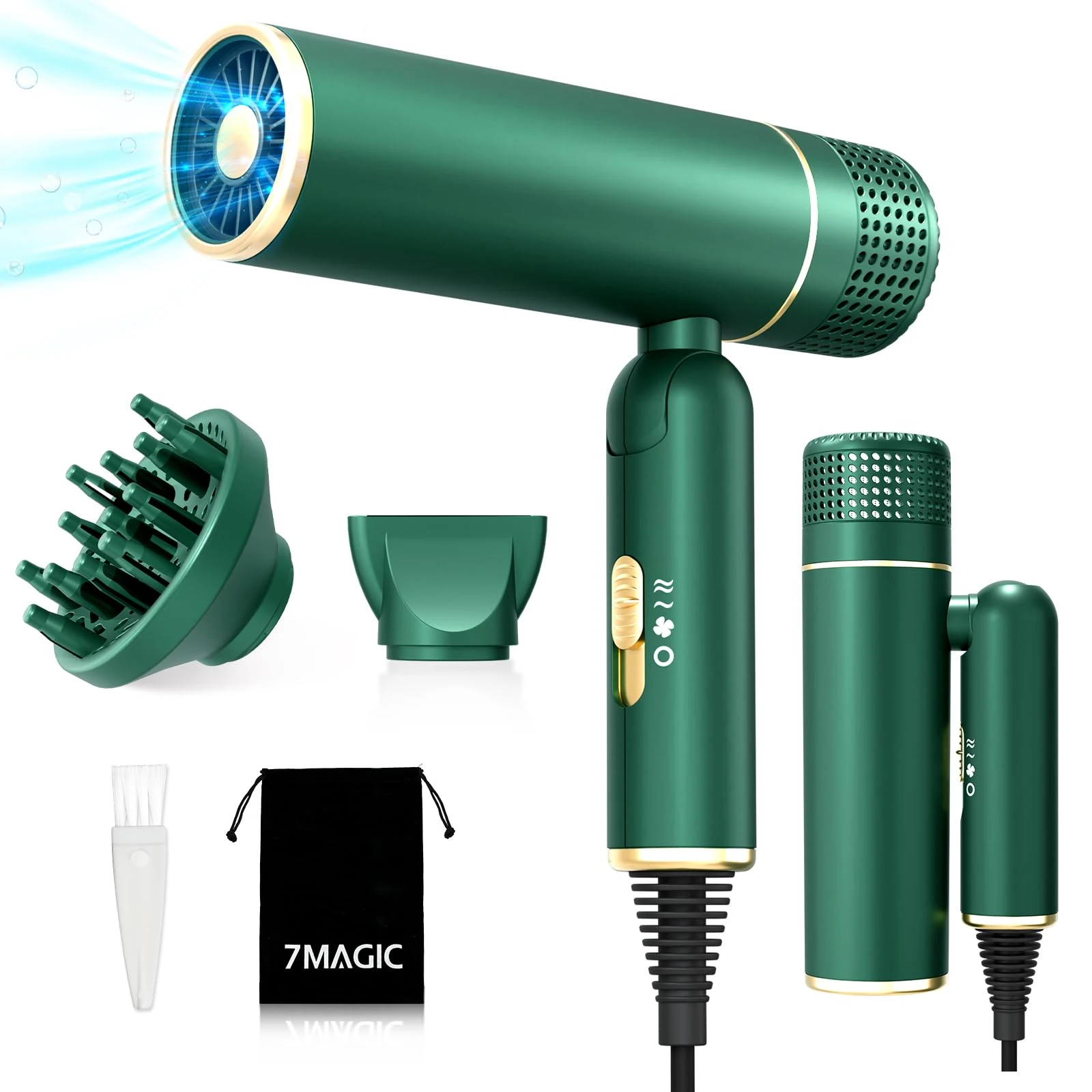 7MAGIC Travel Ionic Hair Dryer, Lightweight Foldable Blow Dryer with Diffuser for Curly Hair & Constant Temperature Care, Anti-Hair Suction Technology Hairdryers for Women, Green