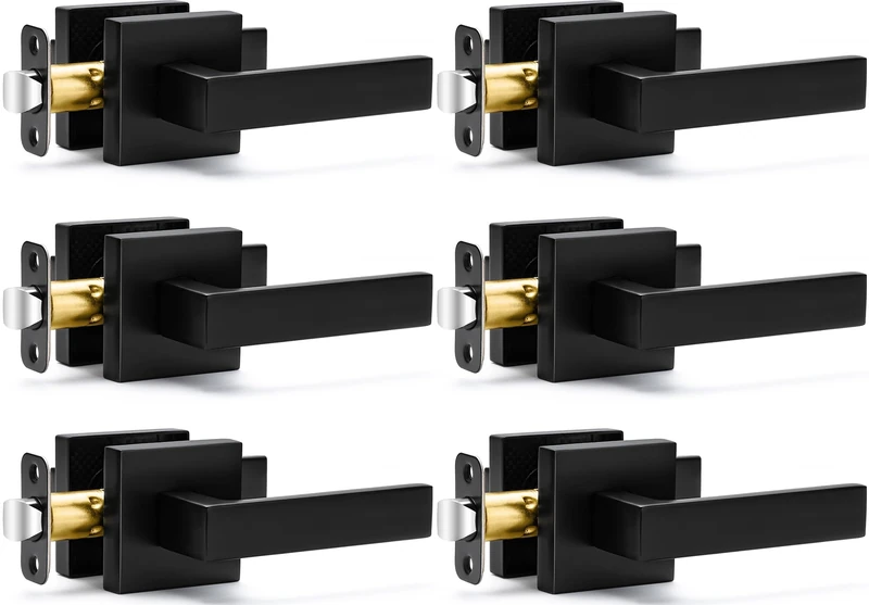 6 Pack Passage Door Handles Matte Black Door Knobs, Interior Door Knobs Square Heavy Duty Non-Locking Handlesets Hall Closet Handles, Reversible for Right & Left Sided Doors