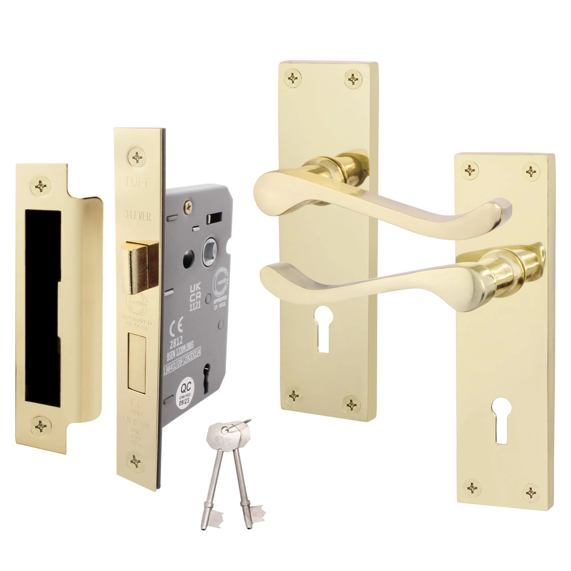 EAI Polished Brass Victorian Scroll Door Handle Key Lock Set | 1 Pair of Brass Internal Lever Lock Handles on Backplate with Sash Lock (64mm) & Keys