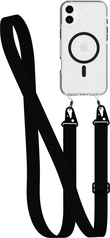 Tech21 EvoCrystal with Crossbody for iPhone 16 Plus Compatible with MagSafe - Impact Protection Case 15x Military Standard Tested - With CrossBody Lanyard -in Black