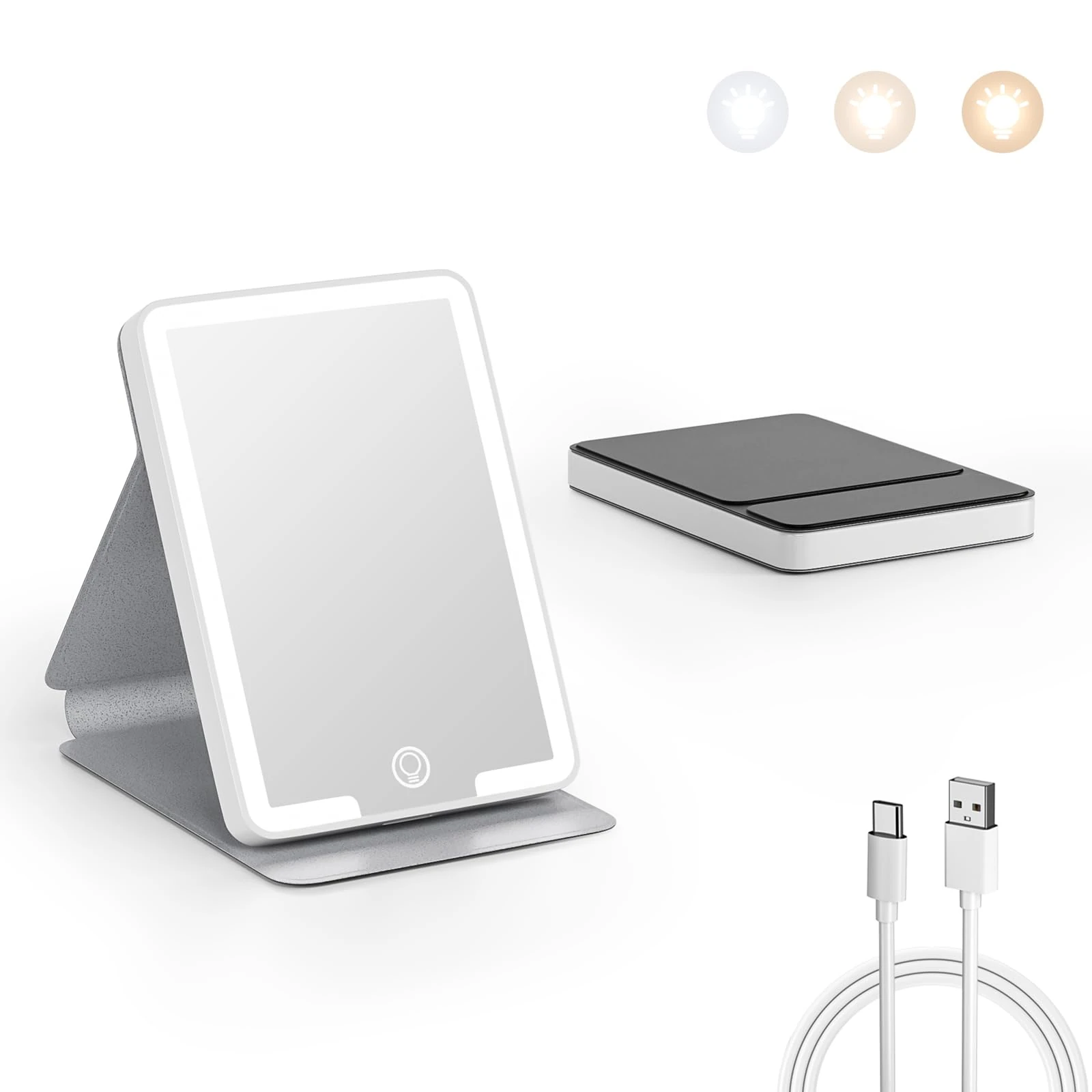 Kintion Rechargeable Compact Mirror, Portable LED Pocket Mirror, Travel Mirror with Light, 3 Color Modes Dimmable, Folding, Handheld, Purse Small Mirrors for Women Gift, Black