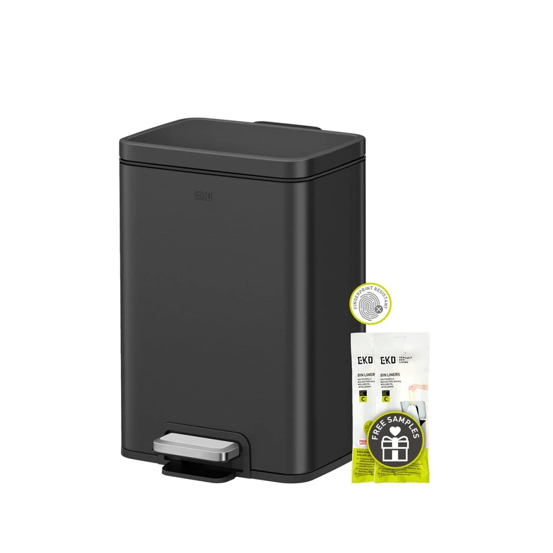 EKO Madison Matte Black 12L / 3.2 Gal Bathroom Trash Can with Lid and Removable Inner Basket, Rectangular Small Step Trash Can