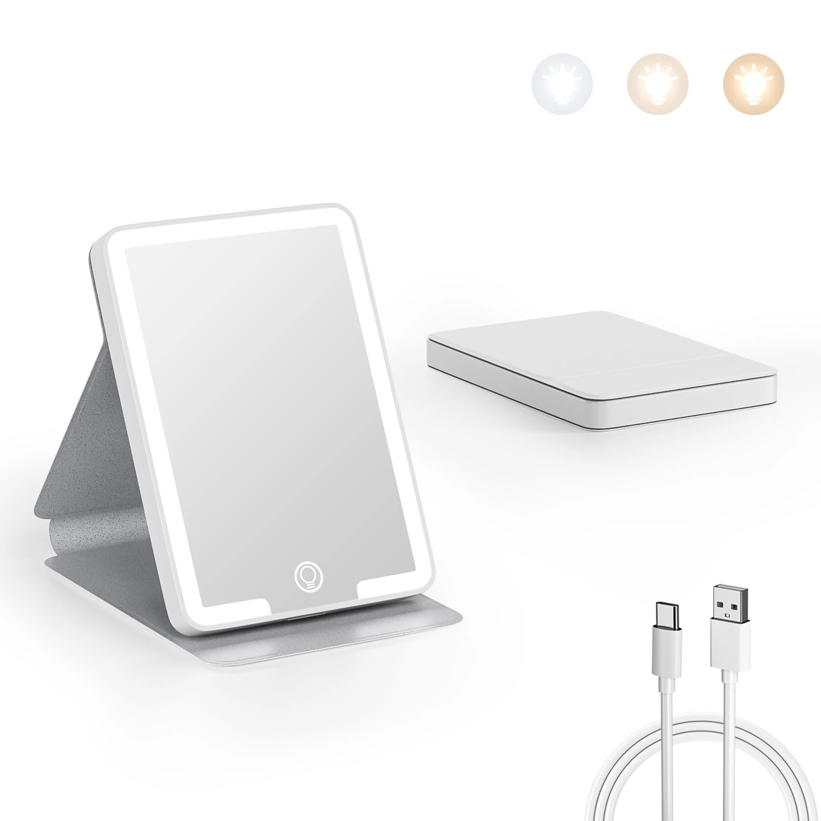 Kintion Rechargeable Compact Mirror, Portable LED Pocket Mirror, Travel Mirror with Light, 3 Color Modes Dimmable, Folding, Handheld, Purse Small Mirrors for Women Gift, White