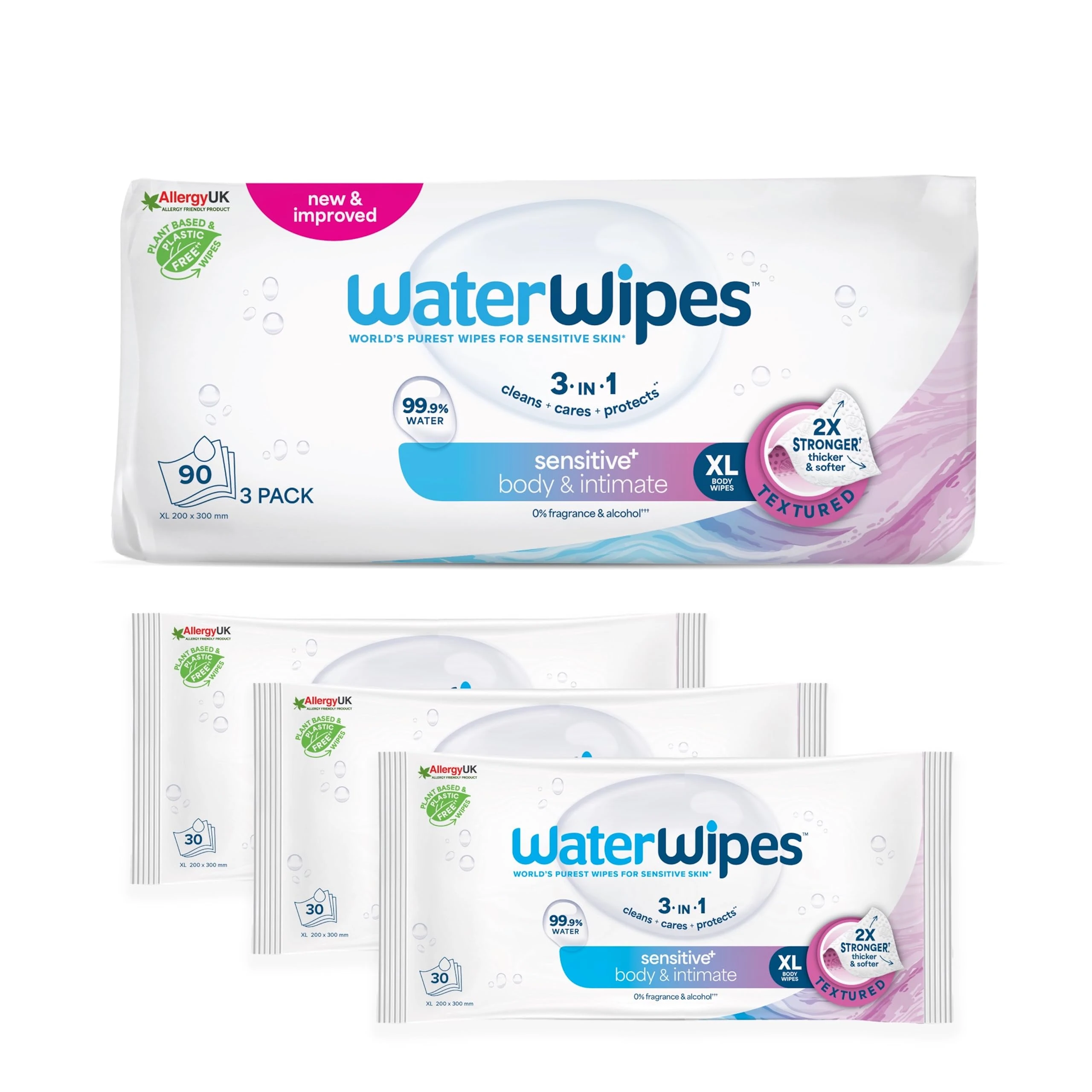 WaterWipes Sensitive+ Body & Intimate Wipes, 90 Wipes (3 Packs), 3-In-1 Cleans, Cares, Protects, 99.9% Water, Unscented & Hygiene Wet Wipes, Adult Care