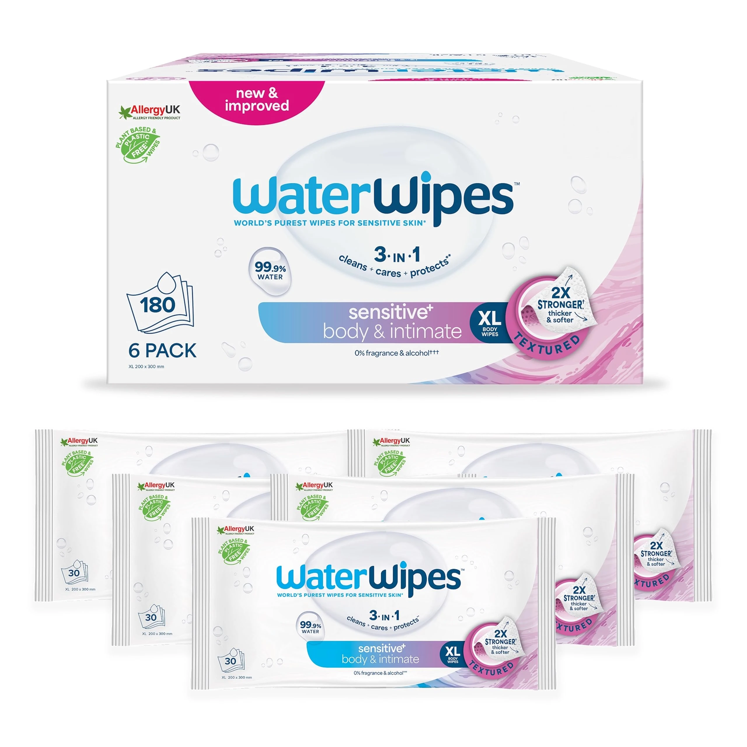 WaterWipes Sensitive+ Body & Intimate Wipes, 180 Wipes (6 Packs), 3-In-1 Cleans, Cares, Protects, 99.9% Water, Unscented & Hygiene Wet Wipes, Adult Care