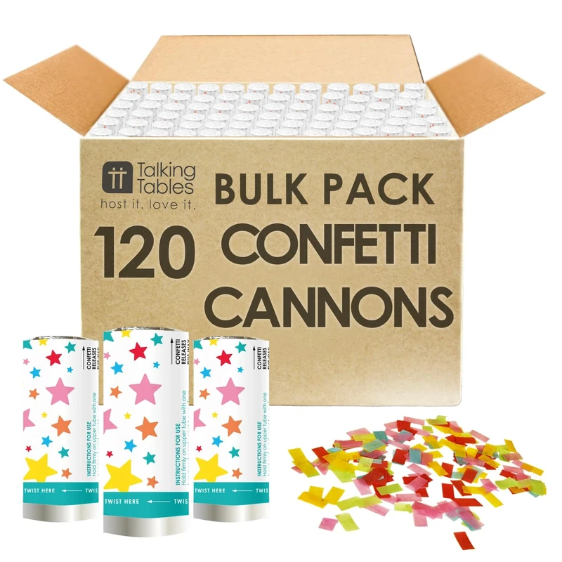Talking Tables 120x Confetti Cannons for Birthdays, Weddings, Rainbow Coloured Paper Popper, Paper Shooter Bulk Suppllies