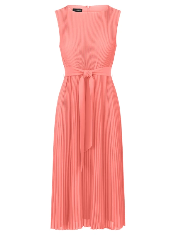 Apart Midi Pleated Dress in Midi Length with Allover Pleated Pleats, Coral, 12