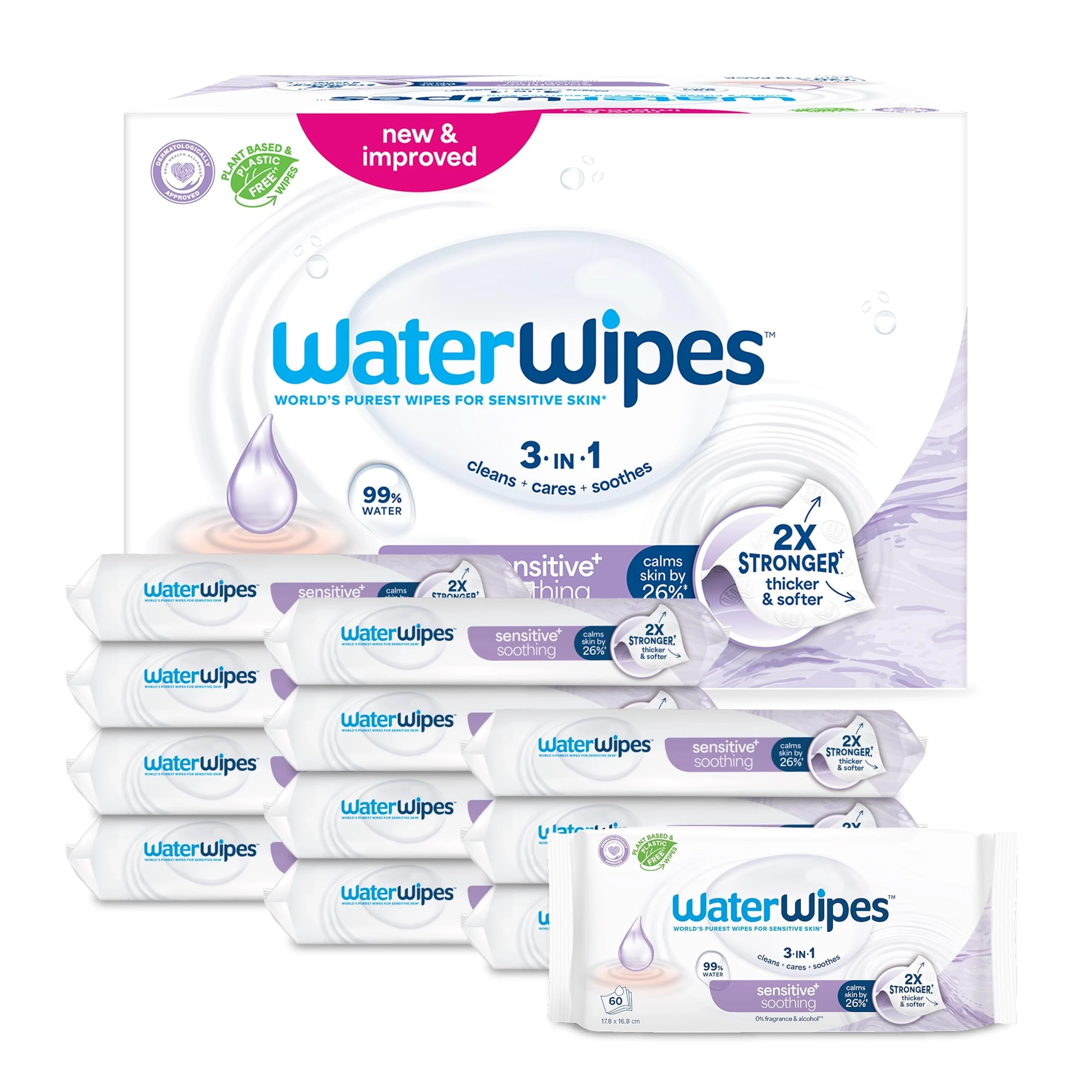 WaterWipes Sensitive+ Soothing Wipes, 720 Count (12 Packs), 3-In-1 Cleans, Cares, Soothes, 99% Water with Botanical Extract, Unscented Baby Wipes
