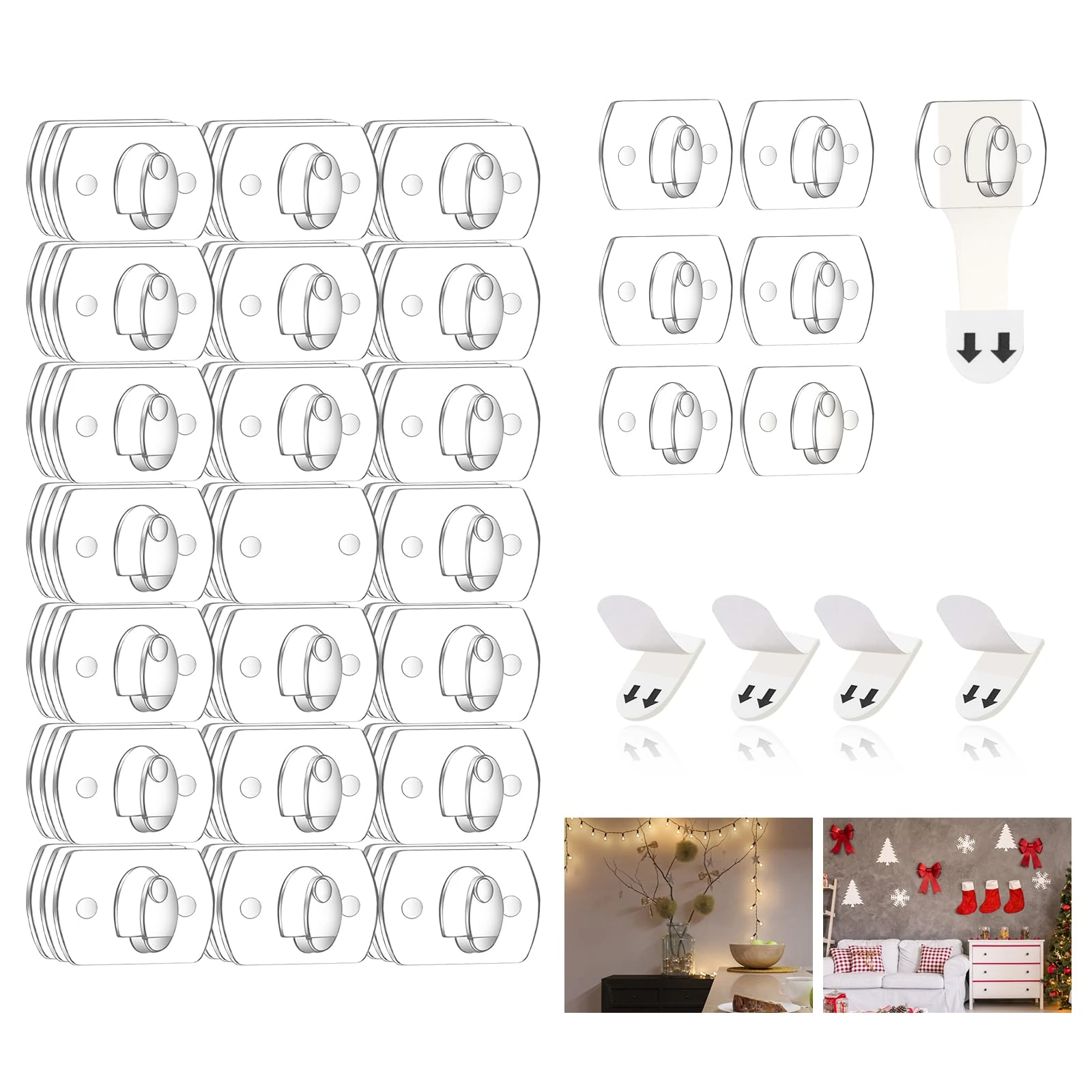 AUAUY 3 Pack Indoor Decorating Clips Mini Hooks, Damage Free Christmas String Light Hooks with Adhesive Strips, Clear Wall Clips for Hanging Lights Xmas Decor and Cables, 60 Clear Clips and 60 Strips