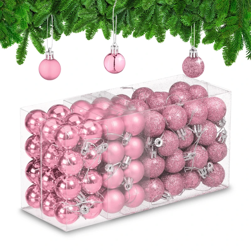 Relaxdays Christmas Baubles Set of 96, Glittering, Matt and Sparkles, Plastic, Traditional Spheres, Decorations, Pink, 4 x 3 x 3 cm
