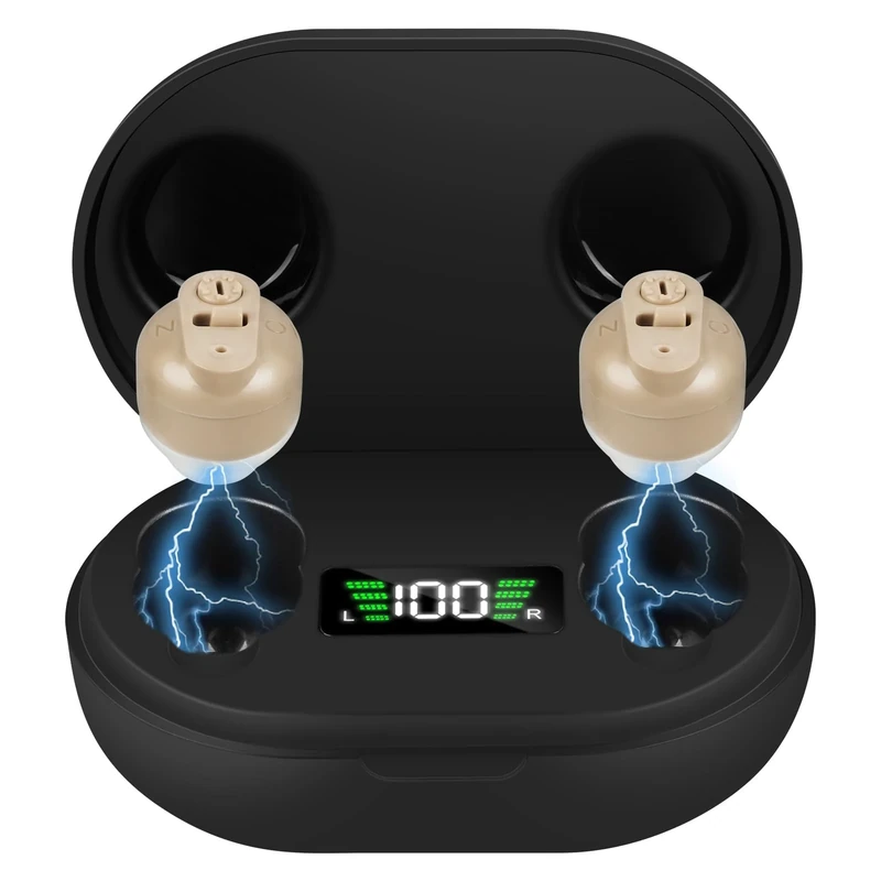 Aolso Mini Digital Sound Aid Voice Enhancer, Rechargeable Sound Headphones for Seniors, Noise Cancelling, Digital in-Ear Audio Headphones Device with Charging Case-Skin color