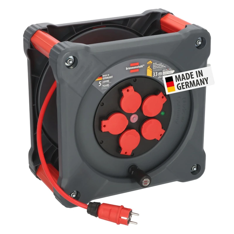 Brennenstuhl Professional KA 3210 5 IP44 Construction Site Cable Reel (33 m H07BQ-F 3G2.5 Cable in Red, 5 Sockets, Construction Site Use and Permanent Outdoor Use, Made in Germany)