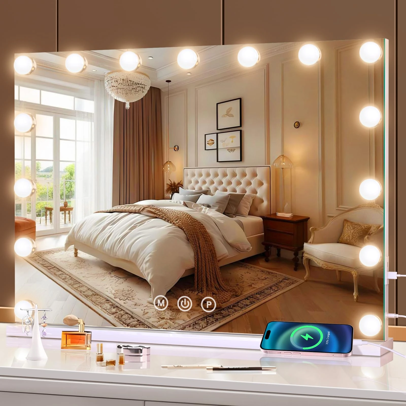 halumao Hollywood Vanity Mirror with Lights, 58 x 48 cm Makeup Mirror with Lights, USB and Type-C Output Ports, 3 Color Modes, Smart Touch Control, Tabletop or Wall Mounted Mirror For Bedroom