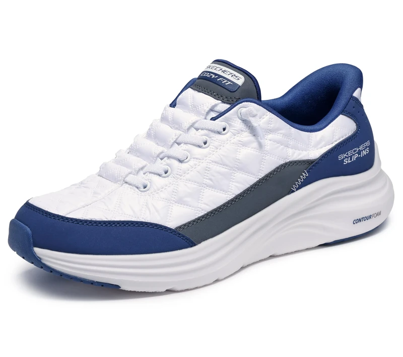 Skechers Men's Contour Foam Cozy Fit Sneaker, White Mesh/Duraleather/Navy Trim, 7.5 UK