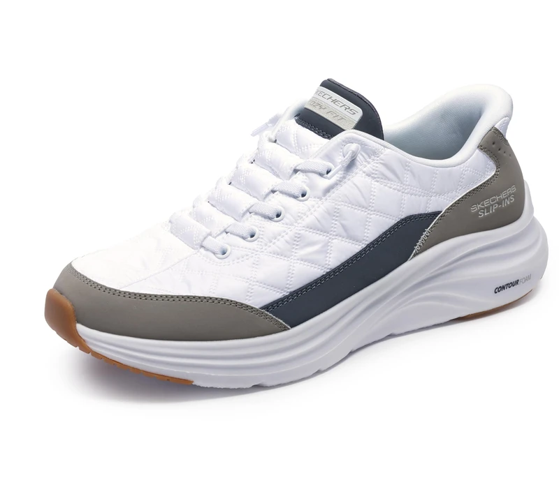 Skechers Men's Contour Foam Cozy Fit Hands Free Slip-in Sneaker, White/Taupe, 7.5 Wide