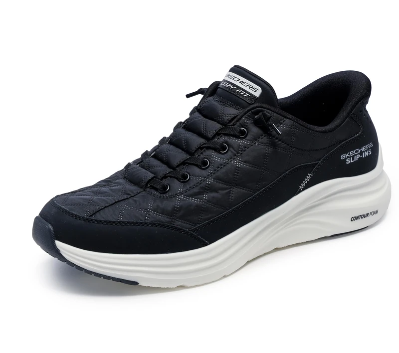 Skechers Men's Contour Foam Cozy Fit Hands Free Slip-in Sneaker, Black/White, 12