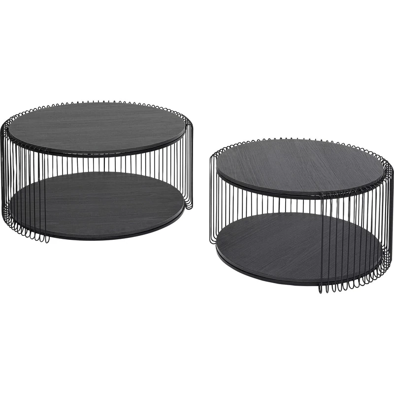 KARE Design Coffee Table Wire Double, Set of 2, Black, Wood, Modern End Table, Sofa Side Table, Round Bedside Table, Room Decor, Home Decor for Living Room, Bedroom, 34x70x70 cm, 32x60x60cm -H/W/D