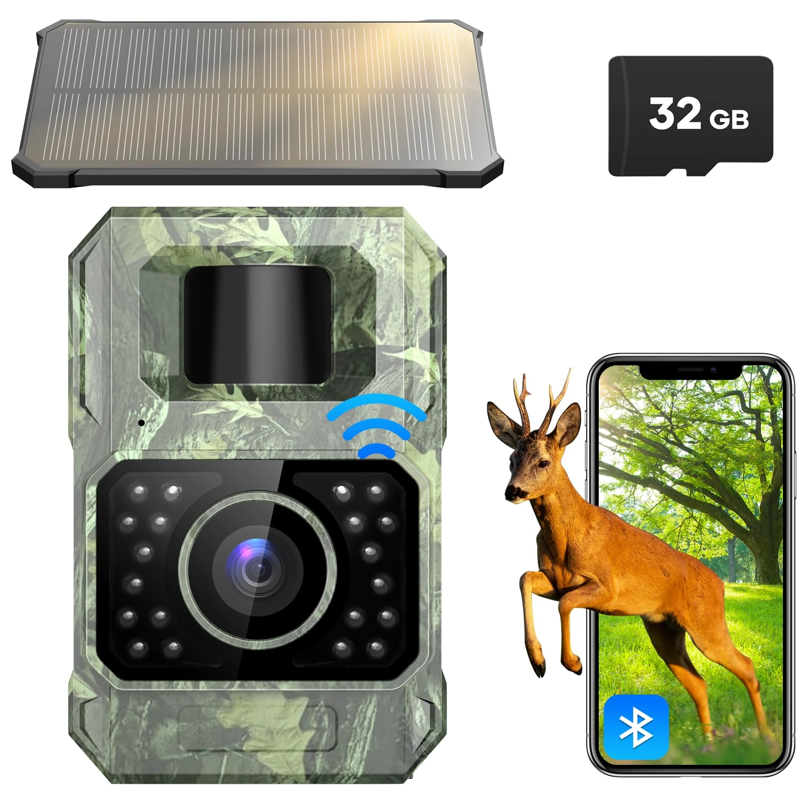 Wildlife Camera WiFi Bluetooth, 48MP 30fps Solar Infrared Trail Camera with Night Vision Motion Activated 0.2s Trigger Trail Cam with 32GB SD Card, 2000mAh Battery Rechargeable for Wildlife Scouting
