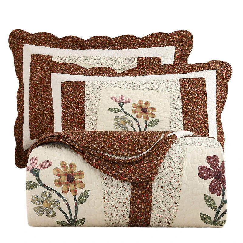 vctops 3 Piece Embroidered Floral Quilted Bedspread Quilt Set 100% Cotton Reversible Patchwork Coverlet Set 1 Quilt and 2 Pillow Shams (Coffee,Queen)