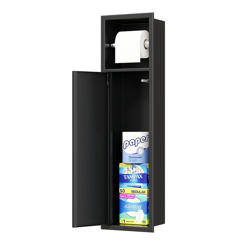 Neodrain Recessed Toilet Paper Holder with Storage Cabinet, 304 Stainless Steel Black Toilet Tissue Holder