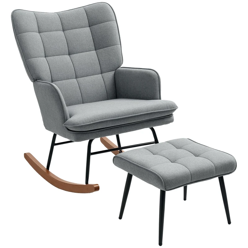 HOMCOM Rocking Chair and Ottoman Set, Fabric Armchair with Footstool, Wingback Chair for Living Room and Bedroom, Grey