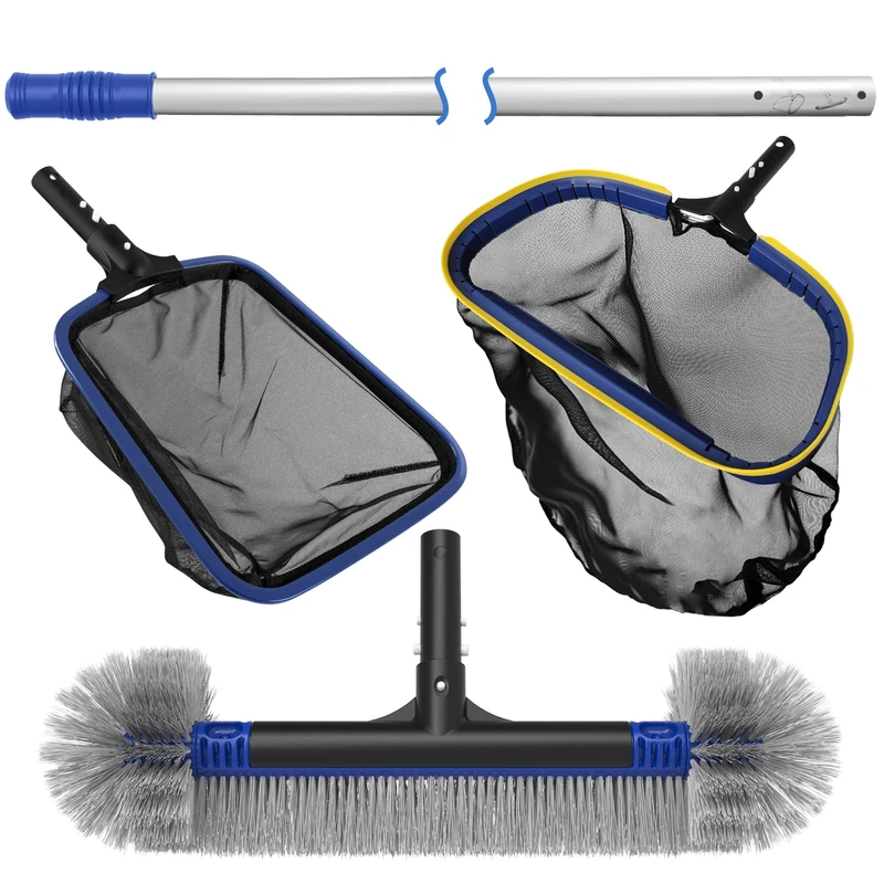 Poolvio Deluxe Swimming Pool Cleaning Kit Including 2 Pool Skimmer Nets, Round Pool Brush Head & Pole, for Above Ground Pools,Ponds,Spas,Hot Tubs