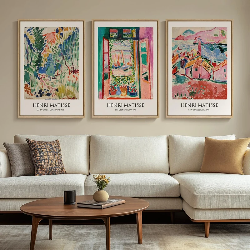 Large Framed Matisse Wall Art for Living Room, 3-Piece Henri Matisse Colorful Abstract Canvas Artwork for Walls, Retro Vintage Big Landscape Paintings Prints Pictures for Hallway Home
