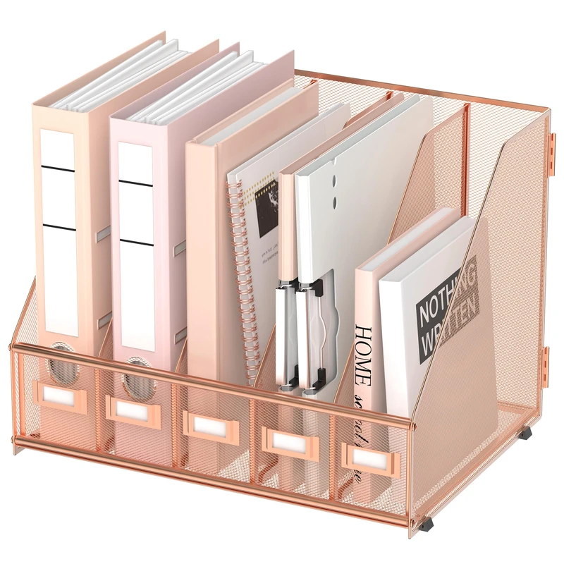 SUPEASY Desk Organizers Metal Desk Magazine File Holder with 5 Vertical Compartments Rack File Organizer for Office Desktop, Home Workspace, Rose Gold, Plus