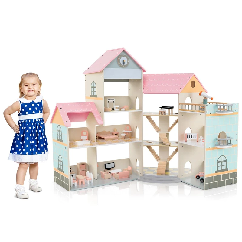 GYMAX Kids Dollhouse, 3-Storey Wooden Dolls House with 8 Rooms, Stairs, Balcony & 42pcs Furniture Accessories, Large Doll House for 3 Years Old+ Girls Boys