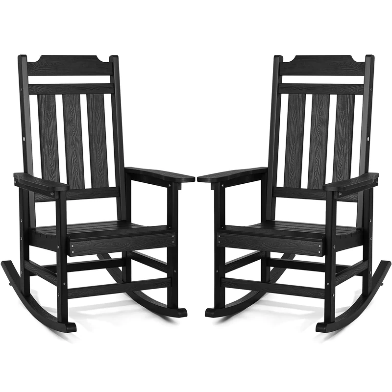 VEVOR 2 Pcs Porch Rocker, HIPS Outdoor Rocking Chair, High Back Patio Rocking Chair with Smooth Armrests, Supports up to 400 lbs, for Garden, Balcony, Porch, Black