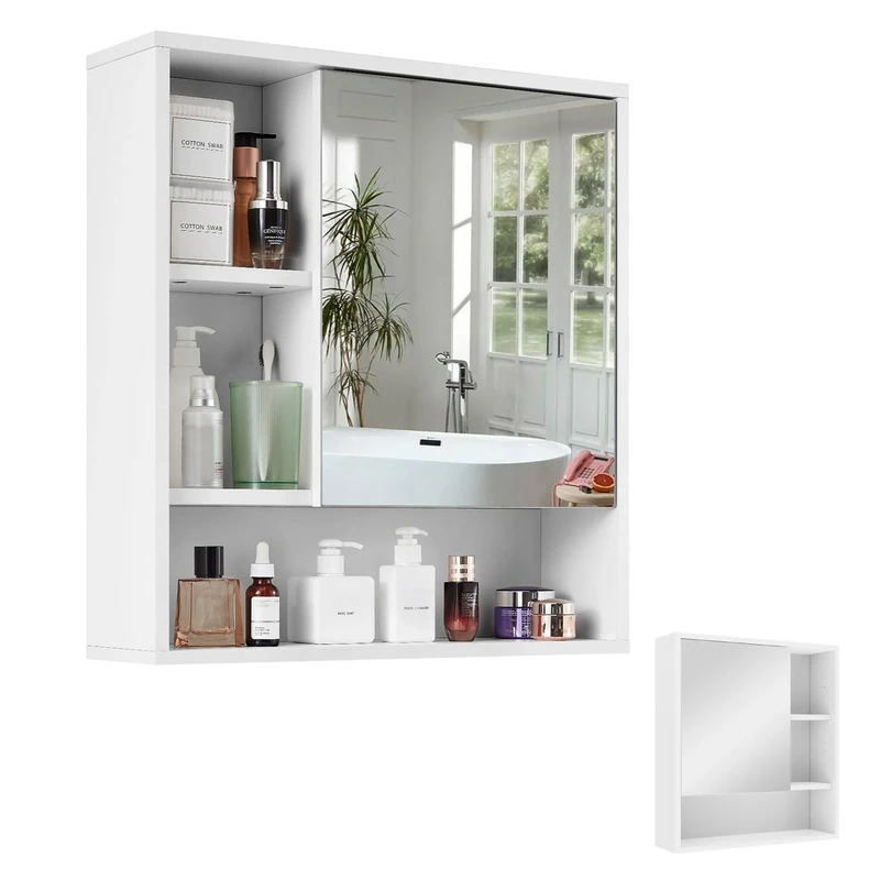 Mondeer Bathroom Mirror Cabinet, Wall Cabinet with Mirror Door Fit Left and Right and Adjustable Shelves Modern Style, 55 x 15 x 60 cm, White