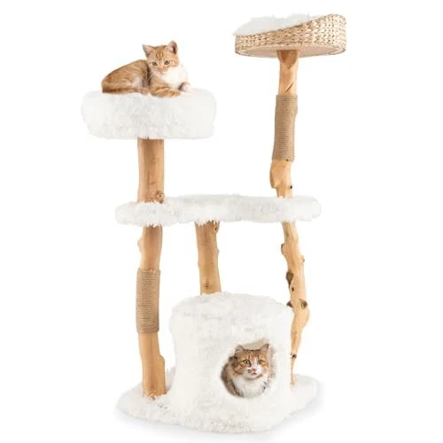 FANTASK Cat Scratching Post with Cat Cave & Plush Seat & Seat Platform, Cat Tower with Jute Scratching Posts, Cat Furniture Solid Wood