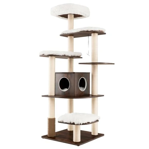 FANTASK Cat Scratching Post, 6 Tier Cat Tree with Cave, Mats, Sisal Posts, Modern Style, Brown - Image 1