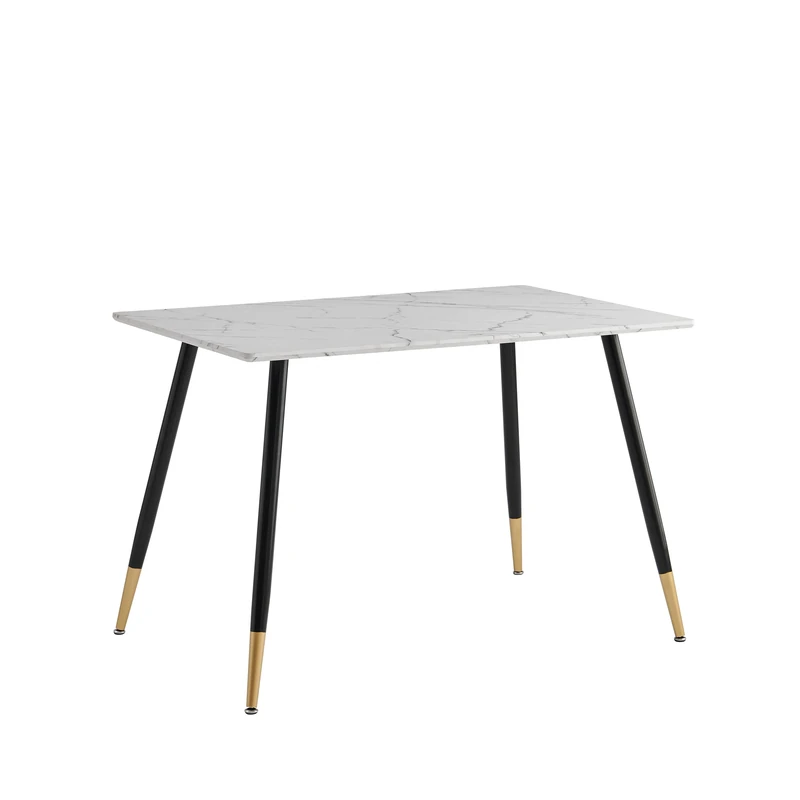 39F FURNITURE DREAM Scandinavian Design Table Marble Paper Top and Black Gold Metal Legs for Kitchen Dining Living Room, Engineered Wood, White, White, 110x70x75 cm - Image 1