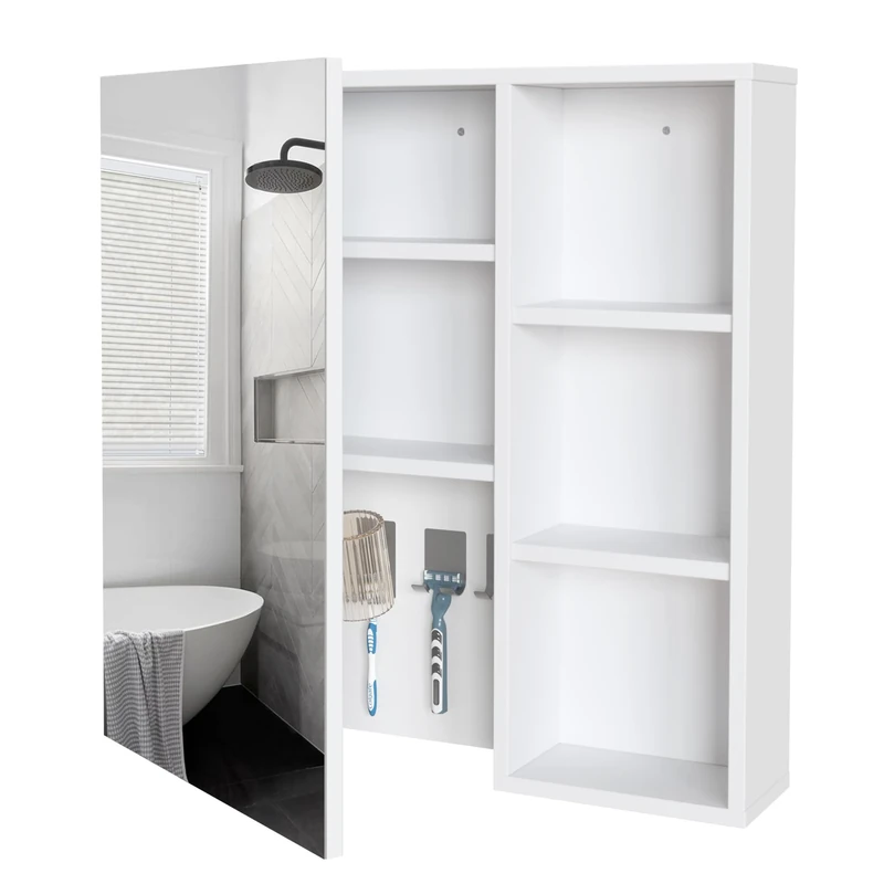 Mondeer Bathroom Mirror Cabinet, Wall Cabinet with Toothbrush Holder Cup Holder and Adjustable Shelves, Space Saving, Ventilation Design, 65 x 15 x 65 cm, White