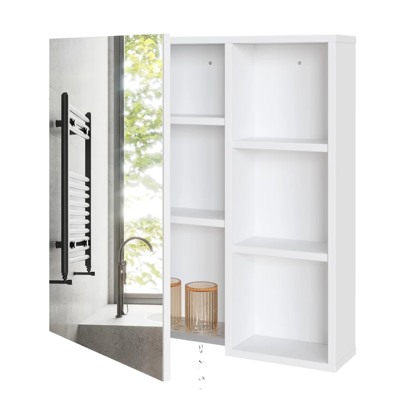 Mondeer Bathroom Mirror Cabinet, Wall Cabinet with Mirror Door and Adjustable Shelves Draining Board Space Saving Modern Style, 65 x 15 x 65 cm, White