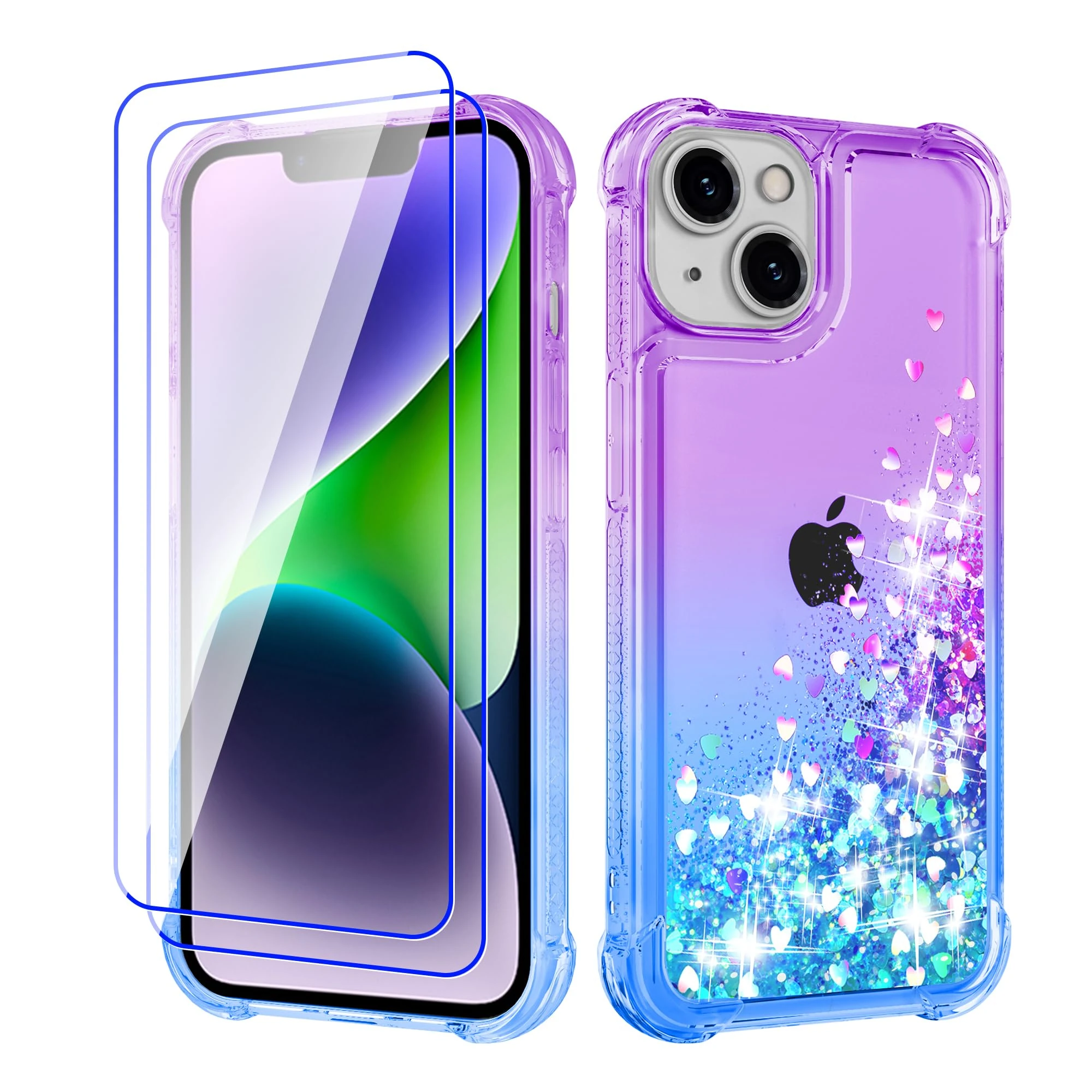 Pilaru Lovely for iPhone 13/14 Case[2 Screen Protector] Clear Liquid Heart Glitter Soft TPU Cover Transparent Girly Shockproof Protective Phone Case for iPhone 13/14,Purple/Teal