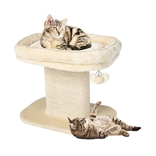 FANTASK Cat Scratching Post with Soft Plush Seat & Sisal Scratching Post & Ball, Wooden Cat Scratching Post Cat Furniture Climbing Tree
