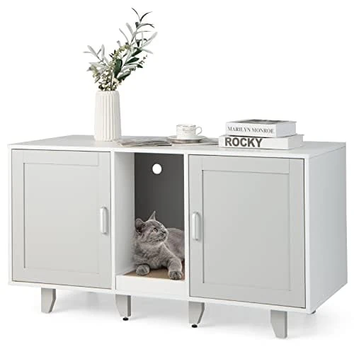 FANTASK Cat House for Cat Litter Tray, Cat Cabinet with 2 Doors & Scratching Board & Entrance, Cat Furniture Side Table