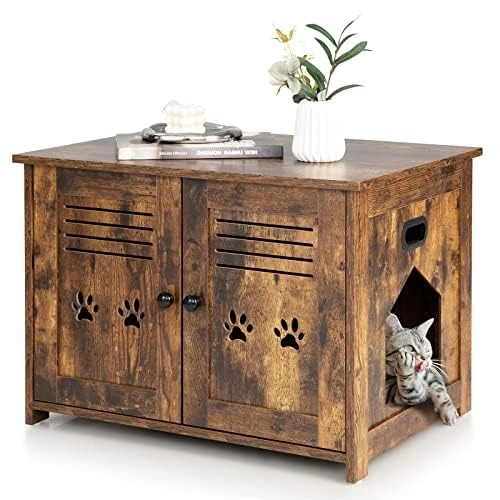 FANTASK Pet Cabinet Cat Litter Tray Cat Cave with 2 Doors & Entrance for Cats Dogs Pets