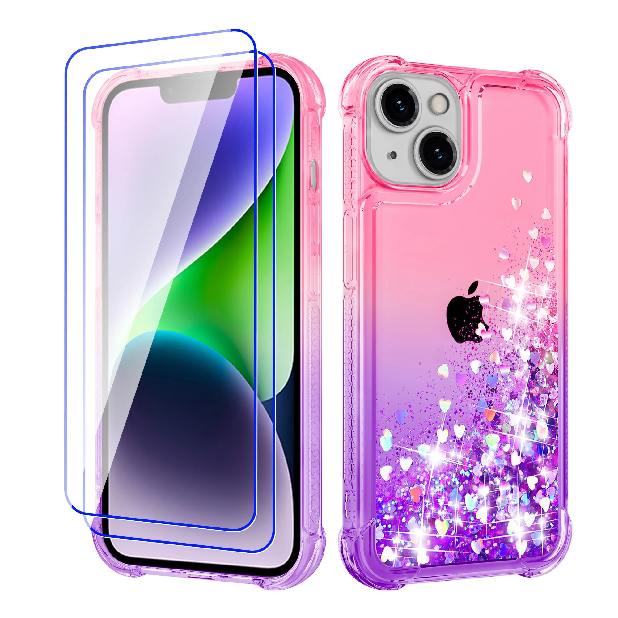 Pilaru Lovely for iPhone 13/14 Case[2 Screen Protector] Clear Liquid Heart Glitter Soft TPU Cover Transparent Girly Shockproof Protective Phone Case for iPhone 13/14,Pink/Purple