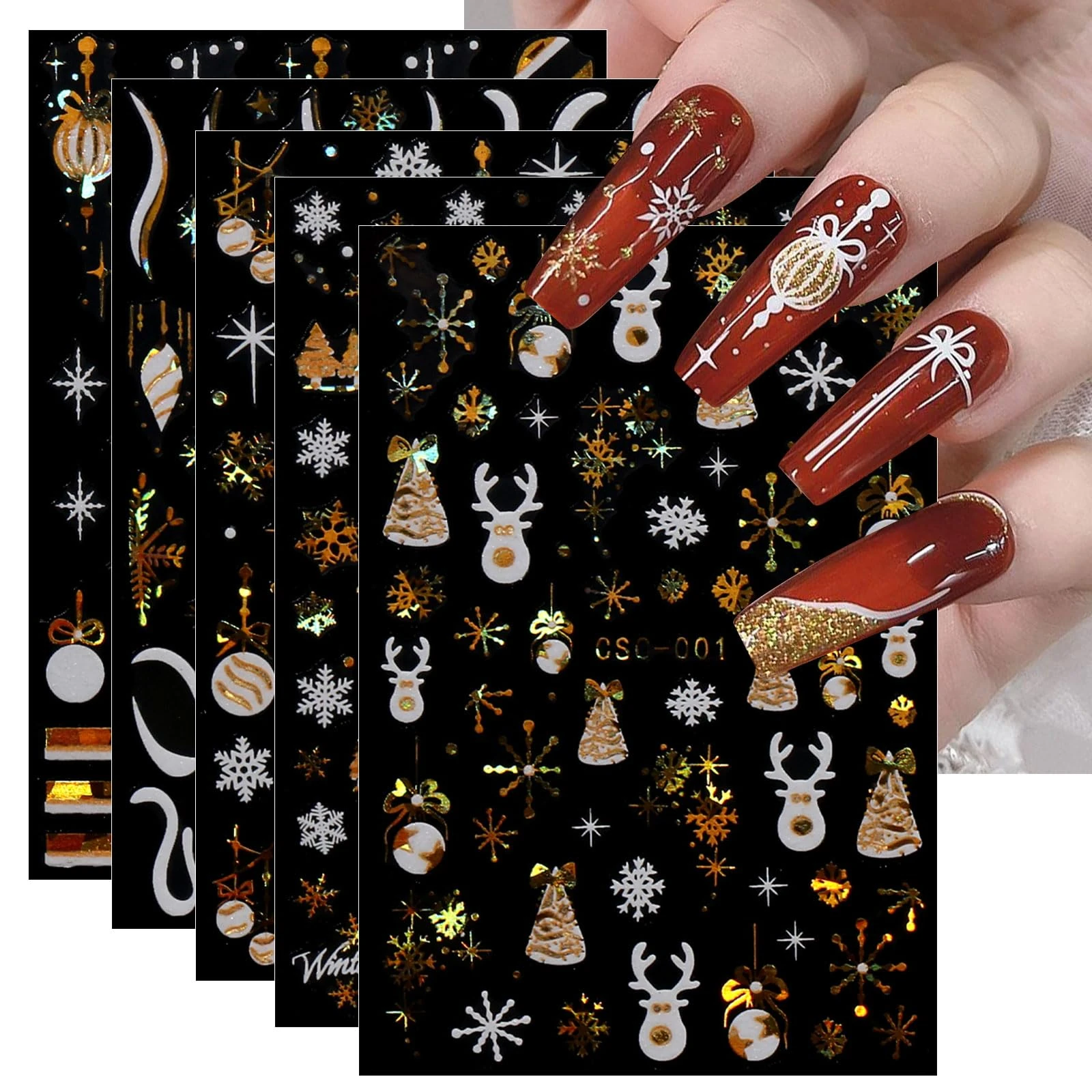 JMEOWIO 8 Sheets Christmas White Glitter Gold Nail Art Stickers Decals Self-Adhesive Snowflake Winter Holiday Nail Supplies Nail Art Design Decoration Accessories