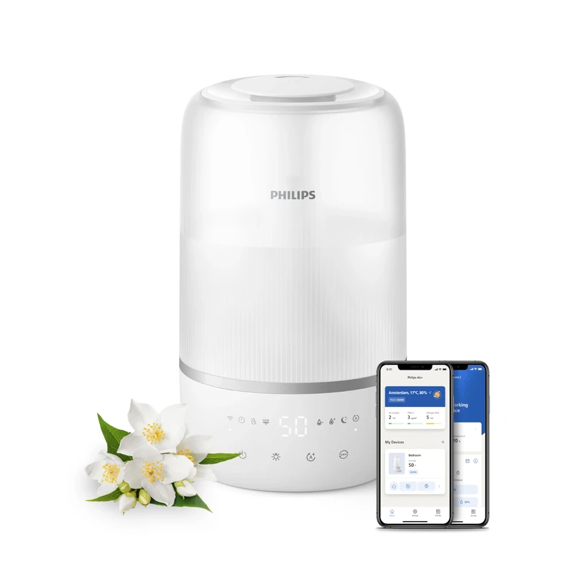 Philips Smart Humidifier - Compact Design, Powerful Sky High Mist, 3L Top-Fill Tank, Up to 32h Runtime, Aromatherapy, Sleep Mode, Night Light, for Rooms up to 38m² (HU1509/00)