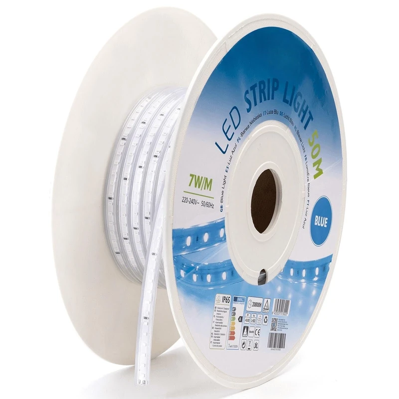 Glowster 50m 8mm Blue LED Strip with Integrated Circuit, Ideal for Indoor and Outdoor Decorative and Ambient Lighting.