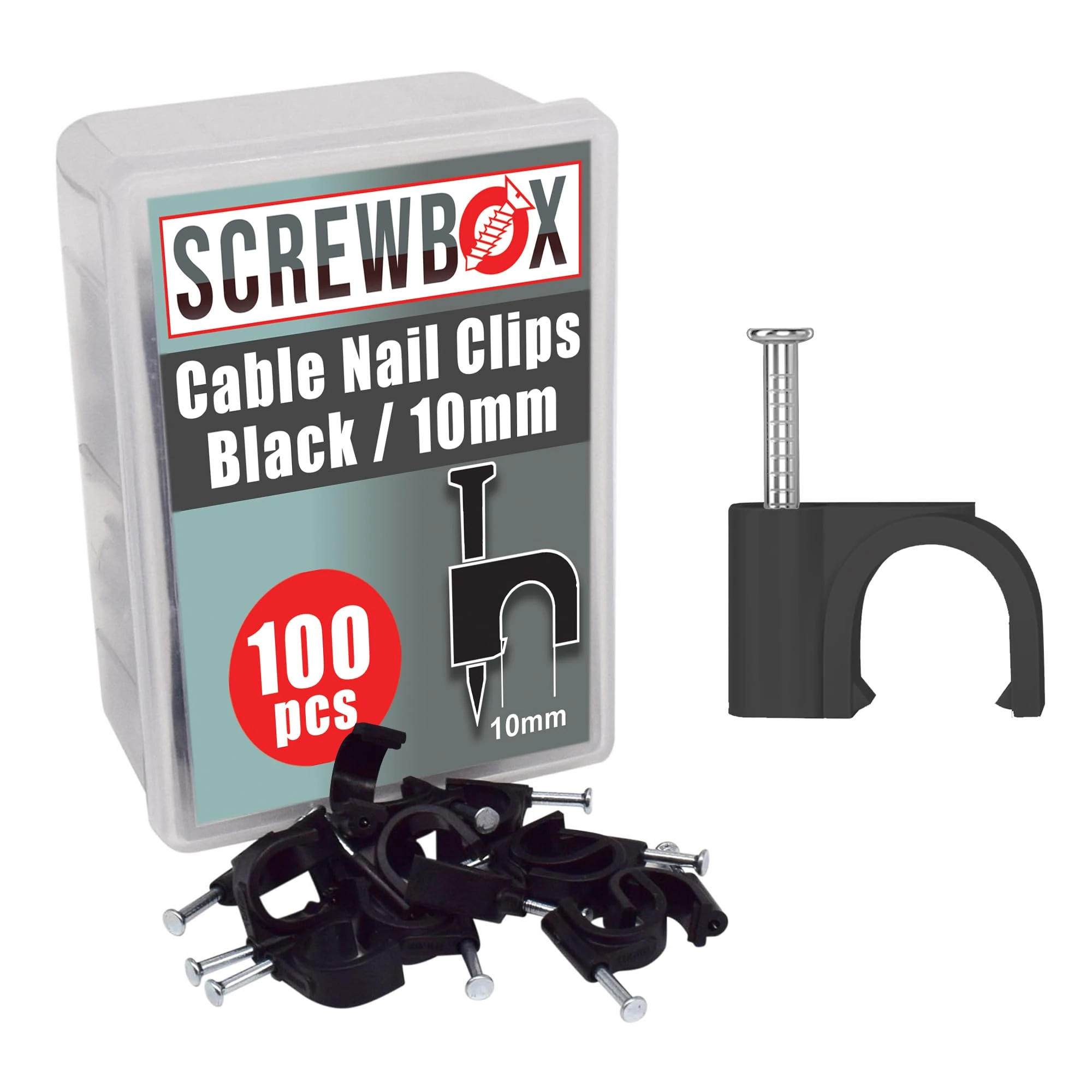 SCREWBOX® Cable Nail Clips, 10 mm 100 Pcs Nail-In Clips, Strong Durable Black Round Cable Tacks, Wall Wire Tidy Holder Pins, for wood | concrete | plasterboard
