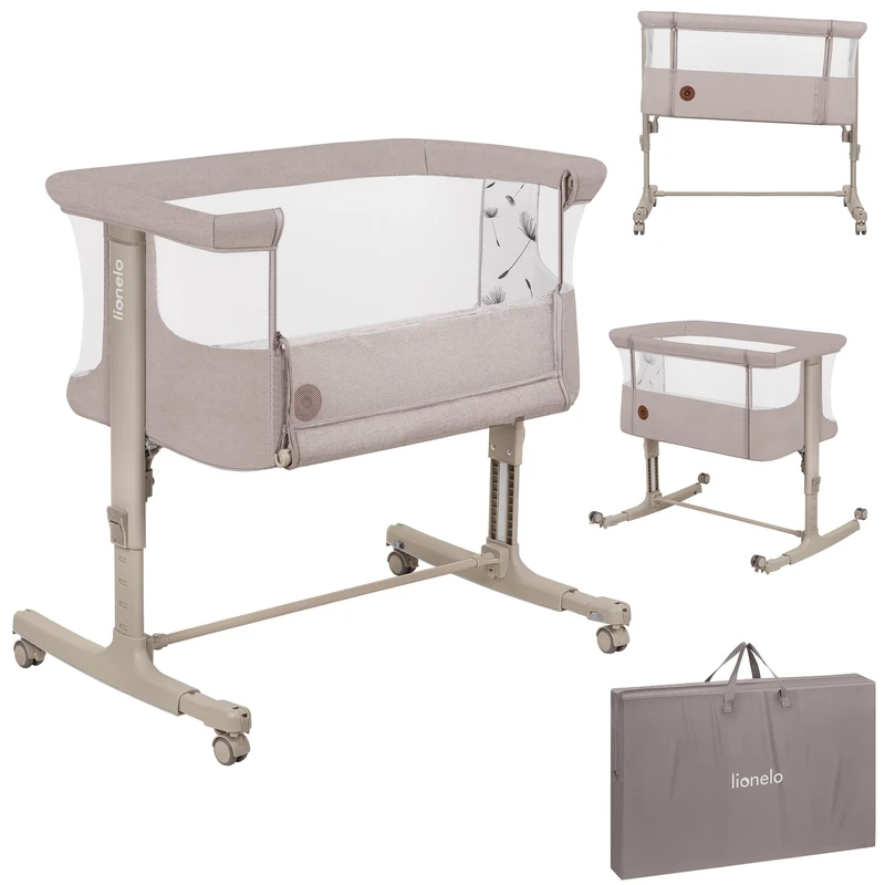lionelo Aurora 3in1 Baby Bedside Cot Co-Sleeper for Babies From Birth to 9kg, Adjustable Height & Incline, Mattress, 4 Lockable Wheels, Breathable, Portable, Washable, Bag, Straps