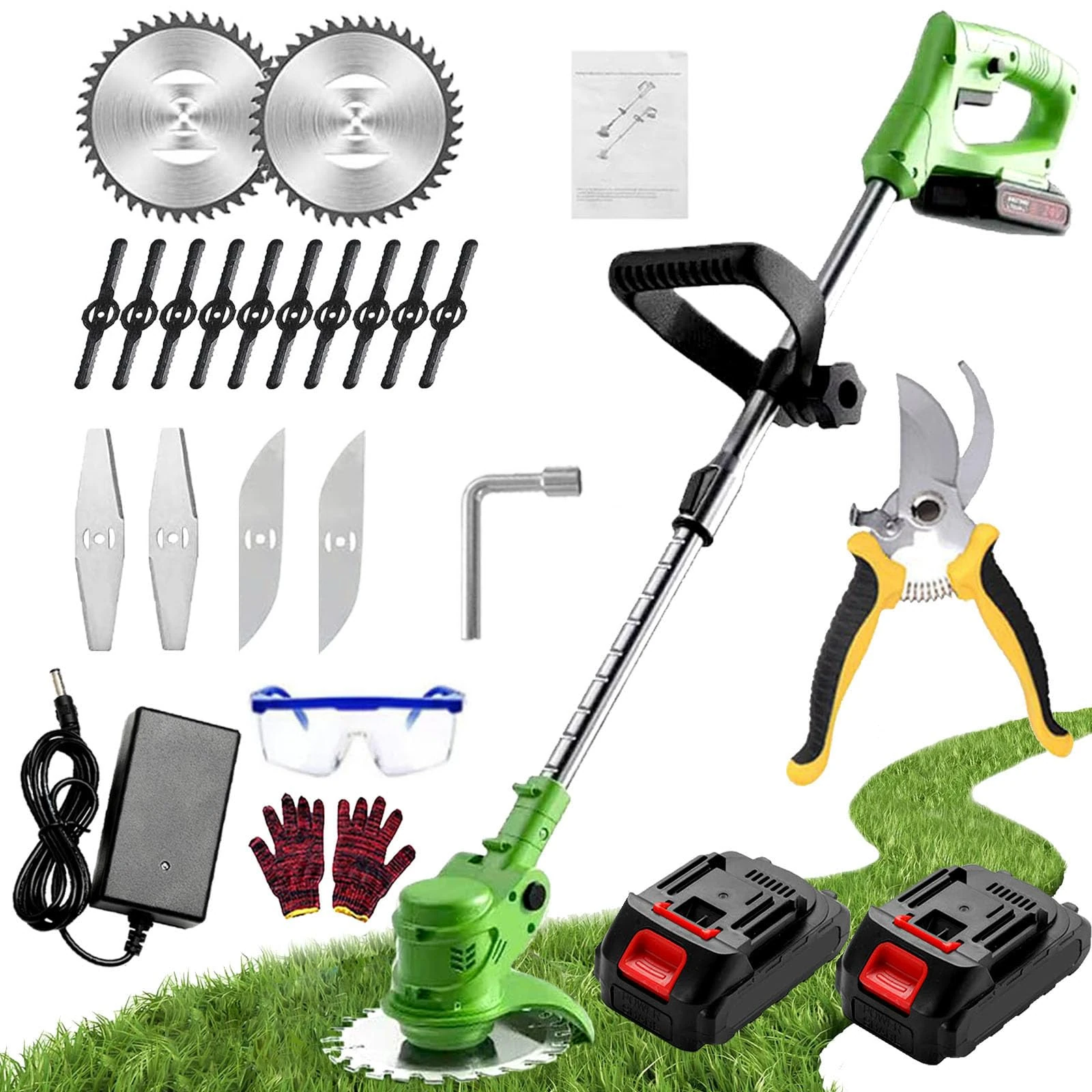 Strimmer, Cordless Strimmer, Garden Strimmer with Blades, Electric Telescopic Brush Cutter, Grass Trimmer with 2 x 24V 2.0mAh Batteries, Suitable for Gardens, Villas, Lawns