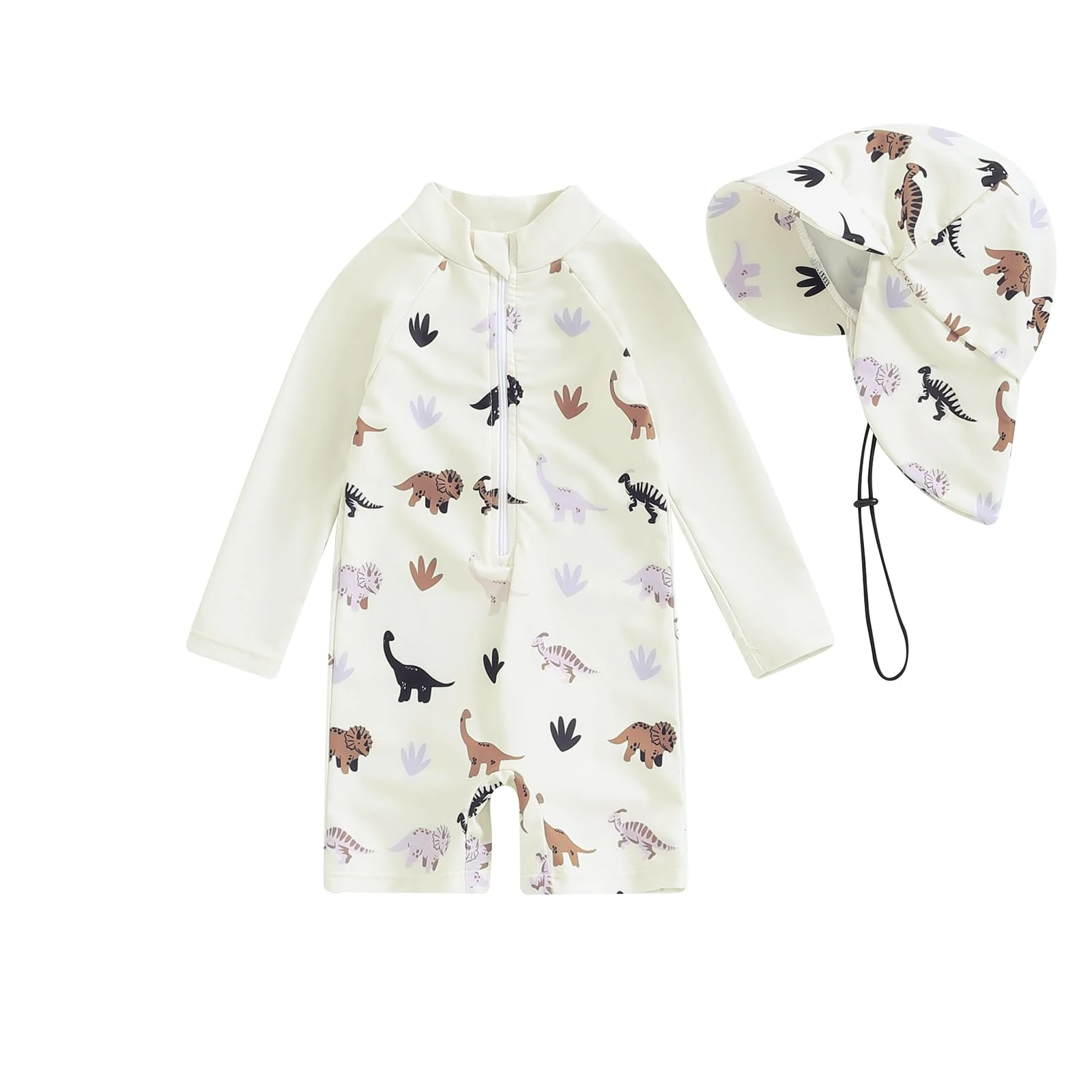 Baby Boy Girl Summer Swimsuit Half Zipper Cute Swimwear Toddler Infant Rash Guard One Piece Bathing Suit with Sun Hat (Khaki, 3-6 Months)